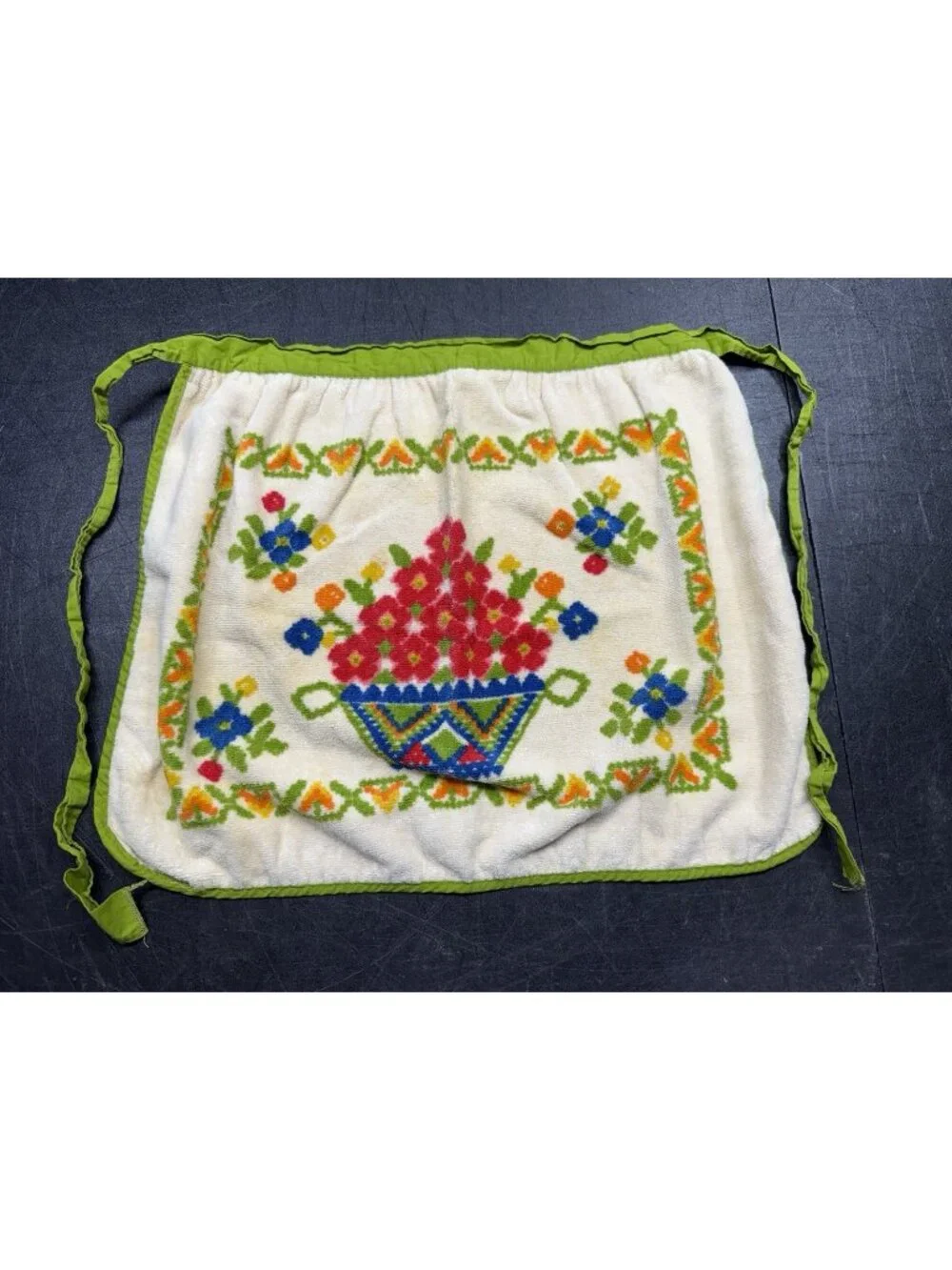 Vintage Terry Dish Cloth Towel Apron With Retro Flowers Orange Green Blue Red